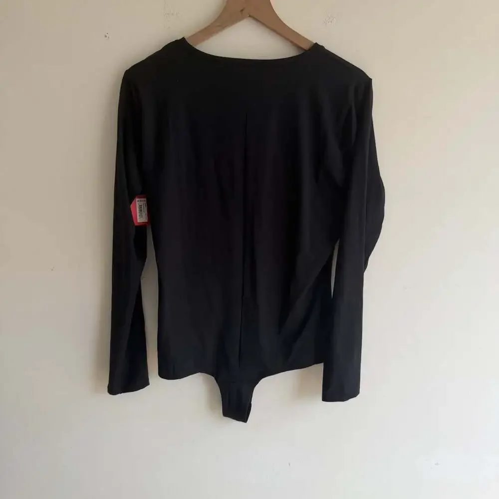 NWT Spanx V Neck Long Sleeve Black Bodysuit Size 1X Plus Casual Basics Stretch